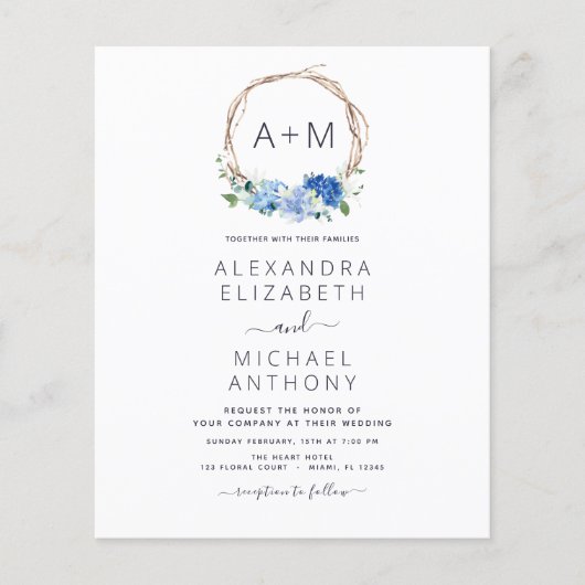 Budget Monogram Stusty Blue Floral Wreath Wedding Flyer (Voorkant)