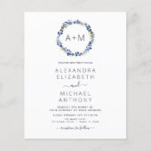 Budget Monogram Stusty Blue Floral Wreath Wedding Flyer (Voorkant)