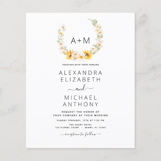 Budget Monogram Sunflower Daisy Greenery Wedding Flyer (Voorkant)