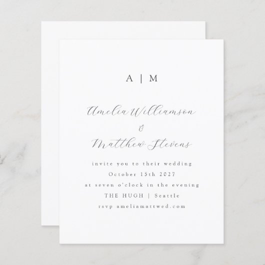 Budget Monogram White Minimal Wedding Invitation (Voorkant / Achterkant)