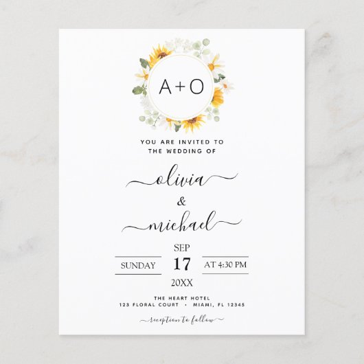 Budget Monogram Zonnebloem Eucalyptus Weddenschap Flyer (Voorkant)