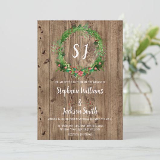 Budget Monogramc Rustic Barn Wood Winter Wedding Kaart (Staand voorkant)