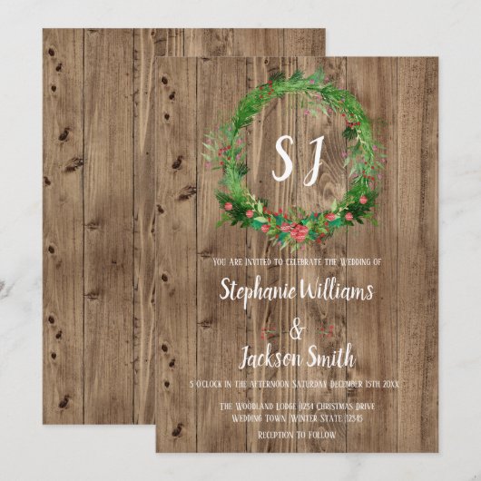 Budget Monogramc Rustic Barn Wood Winter Wedding Kaart (Voorkant / Achterkant)