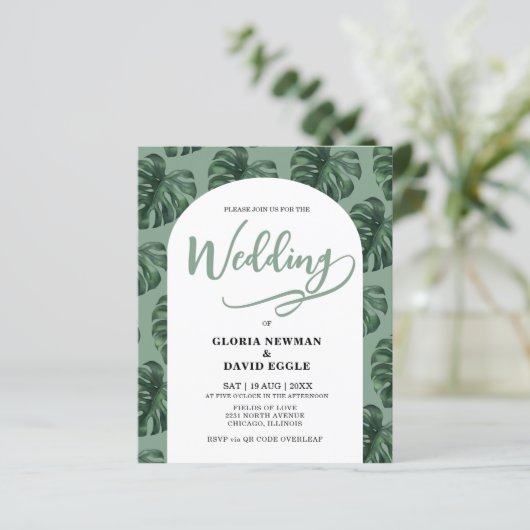 Budget Monstera Leaves Wedding QR Code Invitation (Staand voorkant)