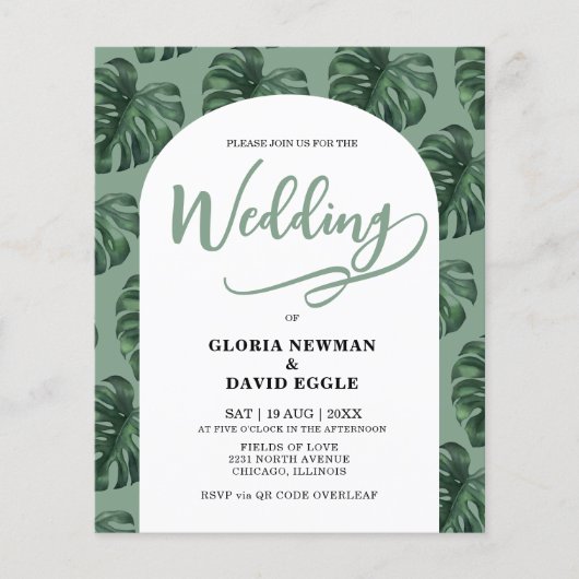 Budget Monstera Leaves Wedding QR Code Invitation (Voorkant)