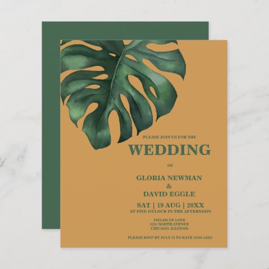 Budget Monstera Tropical Leaf Wedding Invitation (Voorkant / Achterkant)