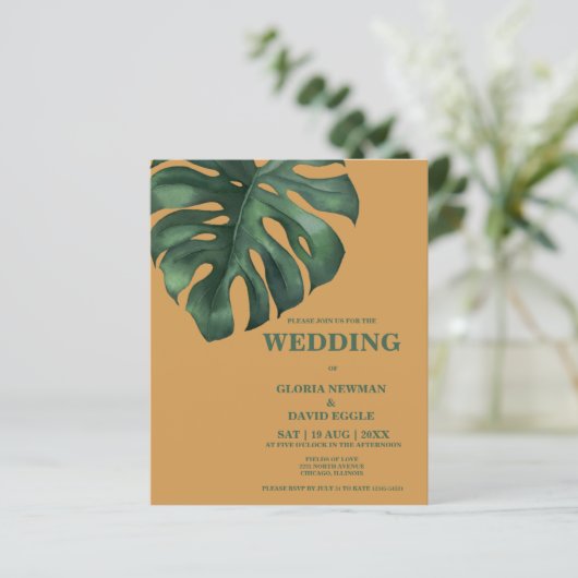 Budget Monstera Tropical Leaf Wedding Invitation (Staand voorkant)