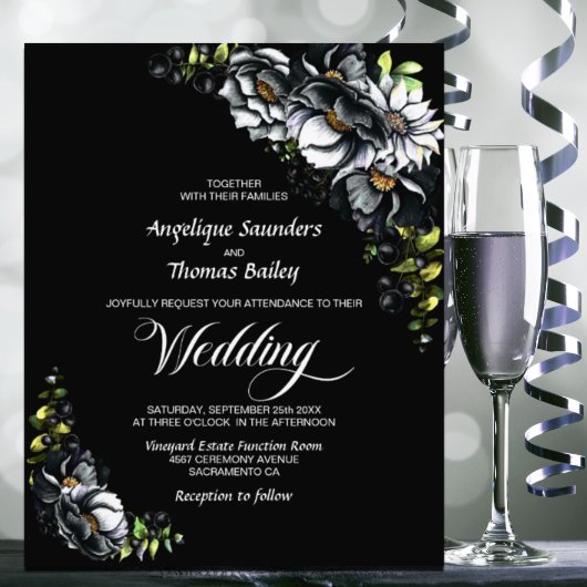Budget Moody Black Floral Wedding Invitation