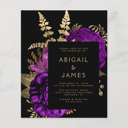 Budget Moody Bloemen Paarse Goud QR Code Huwelijk (Voorkant)