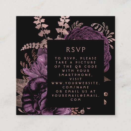 Budget Moody Bloemen Paarse Roos Goud QR Code RSVP Informatiekaartje (Voorkant)