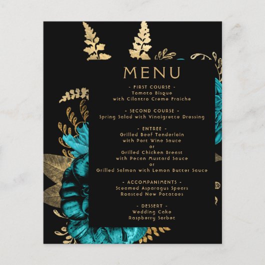 Budget Moody Bloemen Turquoise Goud Bruiloft Menu (Voorkant)