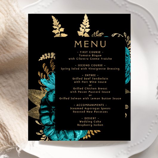 Budget Moody Bloemen Turquoise Goud Bruiloft Menu