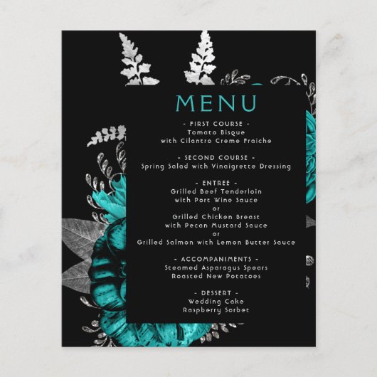 Budget Moody Floral Blauwgroen Silver Wedding Menu (Voorkant)