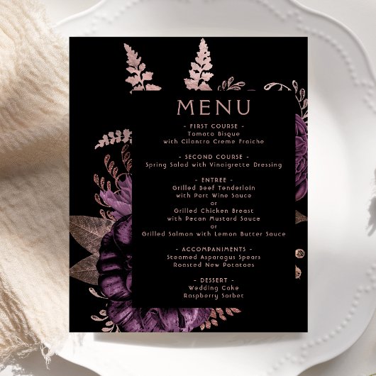 Budget Moody Floral Paarse Roos Gold Wedding Menu