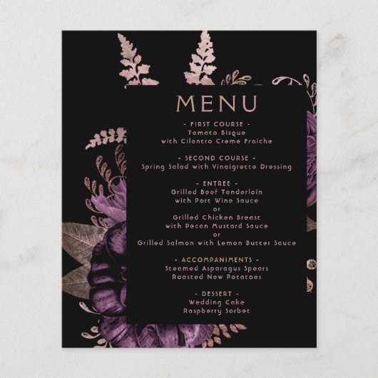 Budget Moody Floral Paarse Roos Gold Wedding Menu (Voorkant)