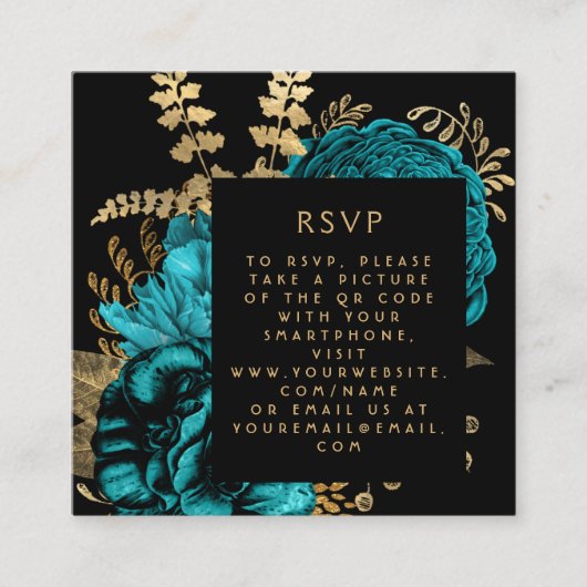 Budget Moody Floral Turquoise Gold QR Code RSVP Informatiekaartje (Voorkant)