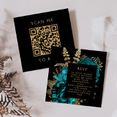 Budget Moody Floral Turquoise Gold QR Code RSVP Informatiekaartje