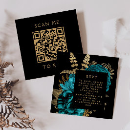 Budget Moody Floral Turquoise Gold QR Code RSVP Informatiekaartje