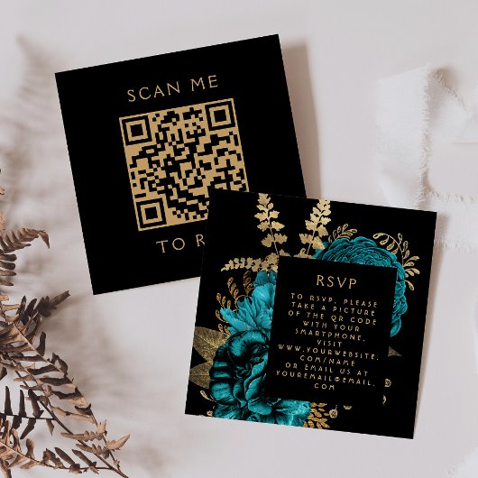 Budget Moody Floral Turquoise Gold QR Code RSVP Informatiekaartje