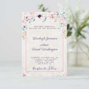 Budget Mooi roze en paarse bloemen bruiloft Invi Kaart