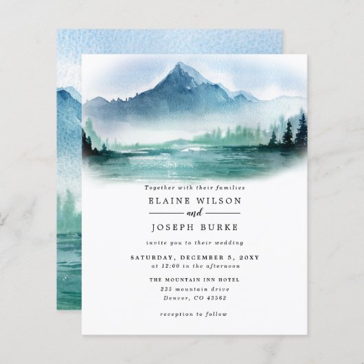 Budget Mountains Lake Wedding Invitation (Voorkant / Achterkant)
