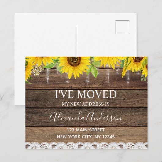 Budget Moving Announc Rustic Sunflower Wood Briefkaart (Voorkant / Achterkant)