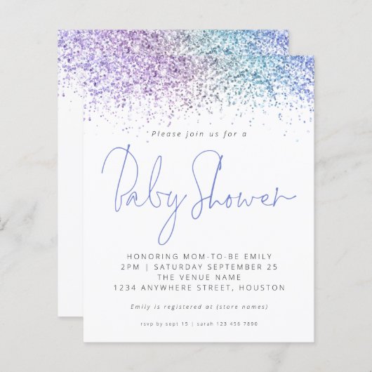 Budget Multicolor Glitter Baby shower Uitnodiging (Voorkant / Achterkant)
