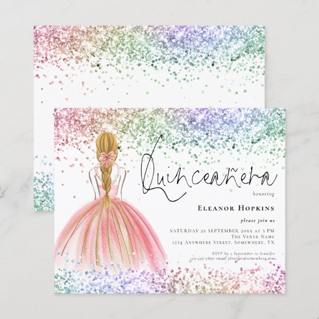 Budget Multicolor Glitter Blond Quinceanera Invite (Voorkant / Achterkant)