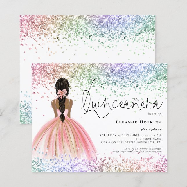 Budget Multicolor Glitter Dark Quinceanera nodigt  (Voorkant / Achterkant)