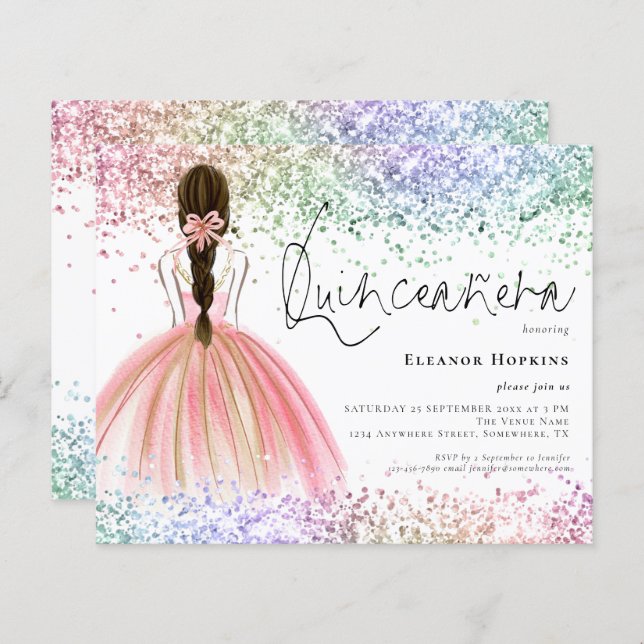 Budget Multicolor Glitter Gown Quinceanera Invite (Voorkant / Achterkant)