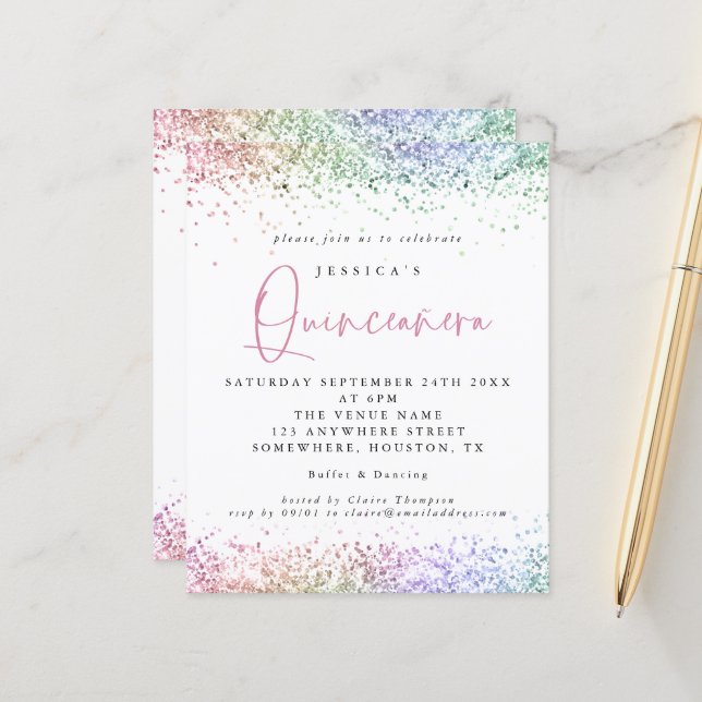 Budget Multicolor Glitter Quinceanera (Voorkant / Achterkant in situ)