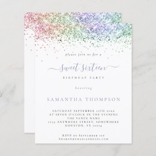 Budget Multicolor Glitter Sweet 16 Uitnodiging (Voorkant / Achterkant)