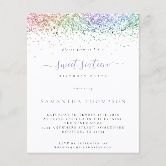 Budget Multicolor Glitter Sweet 16 Uitnodiging (Voorkant)