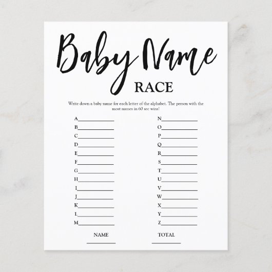 Budget Naam Race Baby Shower Spel (Voorkant)