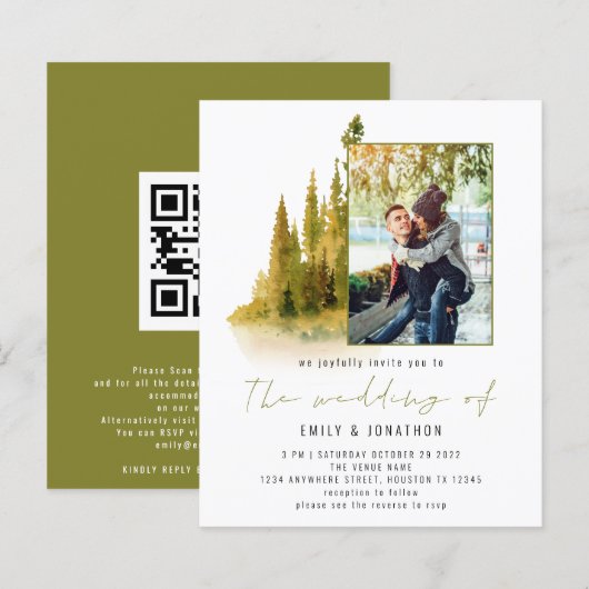 Budget najaar Forest Foto QR Olive Wedding Invite (Voorkant / Achterkant)