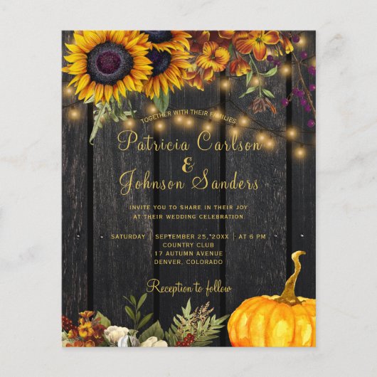 Budget najaar herfst rustige houtbruiloft uitnodig (Voorkant)