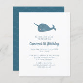 Budget Narwhal Ocean Blue 1st Birthday Uitnodiging (Voorkant / Achterkant)