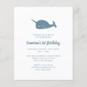 Budget Narwhal Ocean Blue 1st Birthday Uitnodiging (Voorkant)