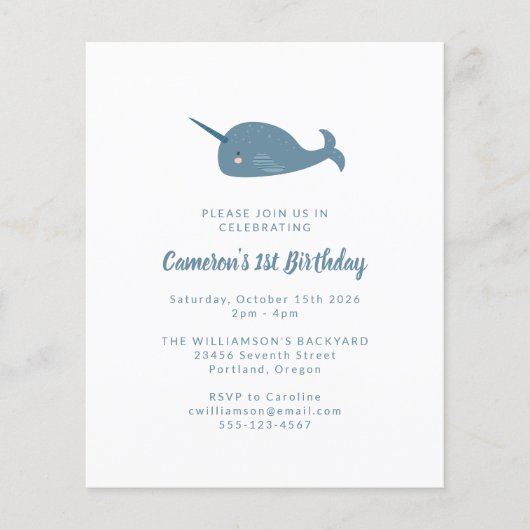 Budget Narwhal Ocean Blue 1st Birthday Uitnodiging (Voorkant)