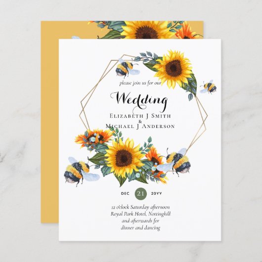BUDGET Natuur Boho bees Sunflower Wedding INVITE (Voorkant / Achterkant)