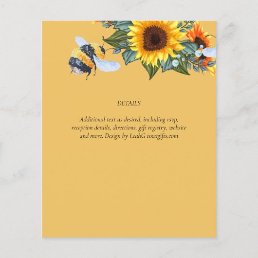 BUDGET Natuur Boho bees Sunflower Wedding INVITE (Achterkant)