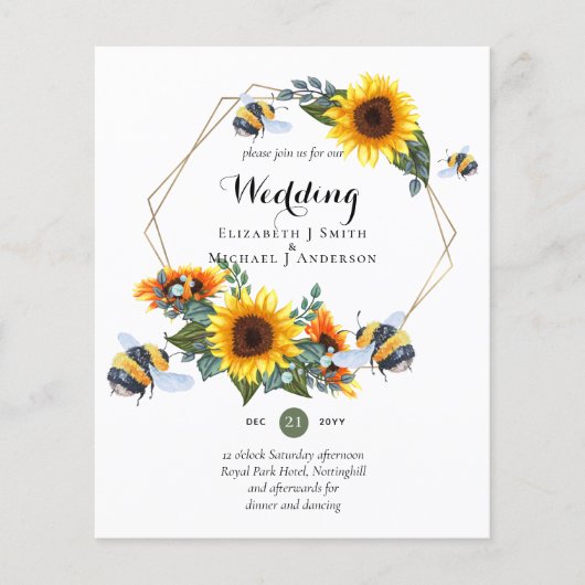 BUDGET Natuur Boho bees Sunflower Wedding INVITE (Voorkant)