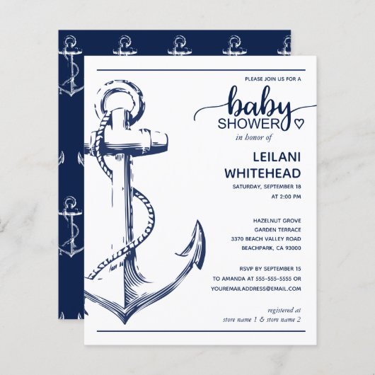 Budget Nautical Anchor Baby Boy Shower Uitnodiging (Voorkant / Achterkant)