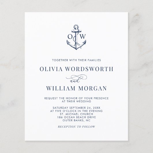 Budget Nautical Anchor Navy White Wedding Invite Flyer (Voorkant)