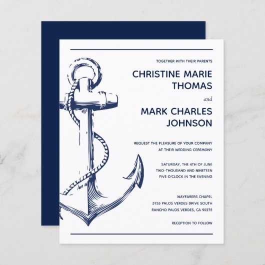 Budget Nautical Anchor Wedding Invite (Voorkant / Achterkant)
