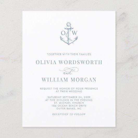 Budget Nautical Anchor Wedding Invite Dusty Blue Flyer (Voorkant)