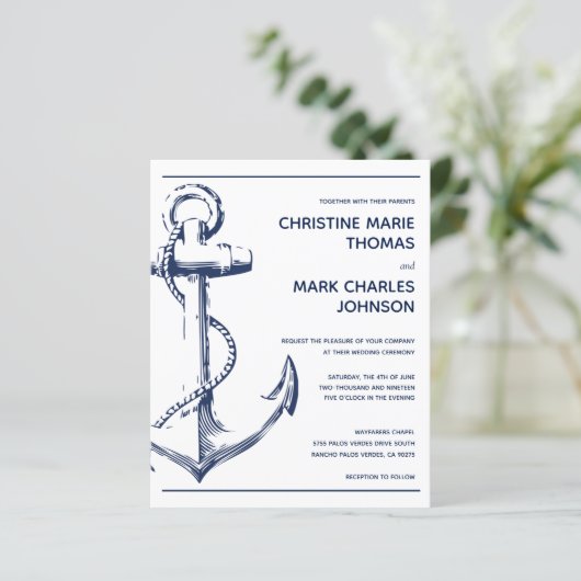 Budget Nautical Anchor White Wedding Invitation (Staand voorkant)