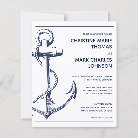 Budget Nautical Anchor White Wedding Invitation (Voorkant)