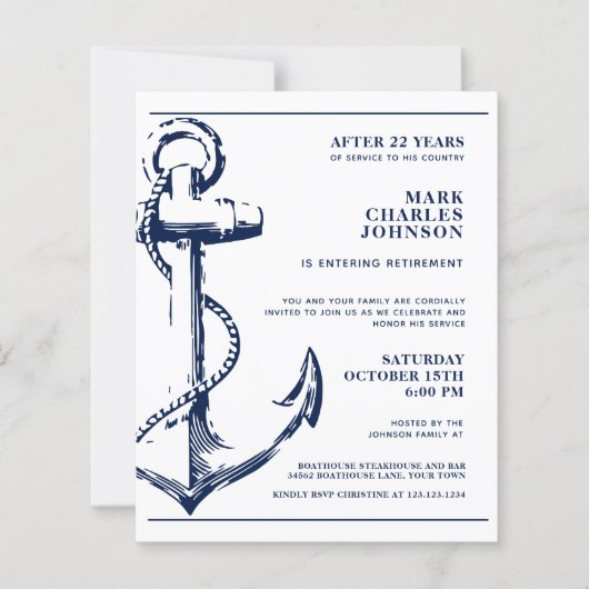 Budget Nautical Anker Navy Pensioen Uitnodiging (Voorkant)