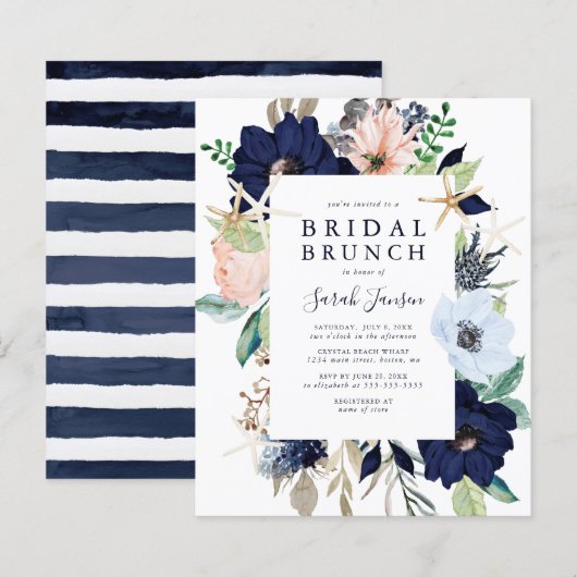 Budget Nautical Blue Floral Bridal Brunch Invite (Voorkant / Achterkant)